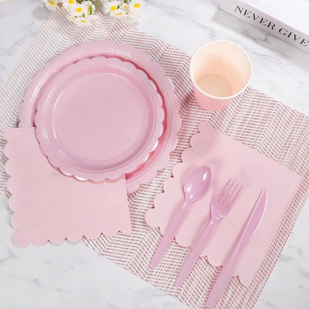 Pink Party Tableware Set Scalloped Edge Paper Plates Cups Napkins Disposable Dinnerware for Birthday Baby Shower Wedding Decor