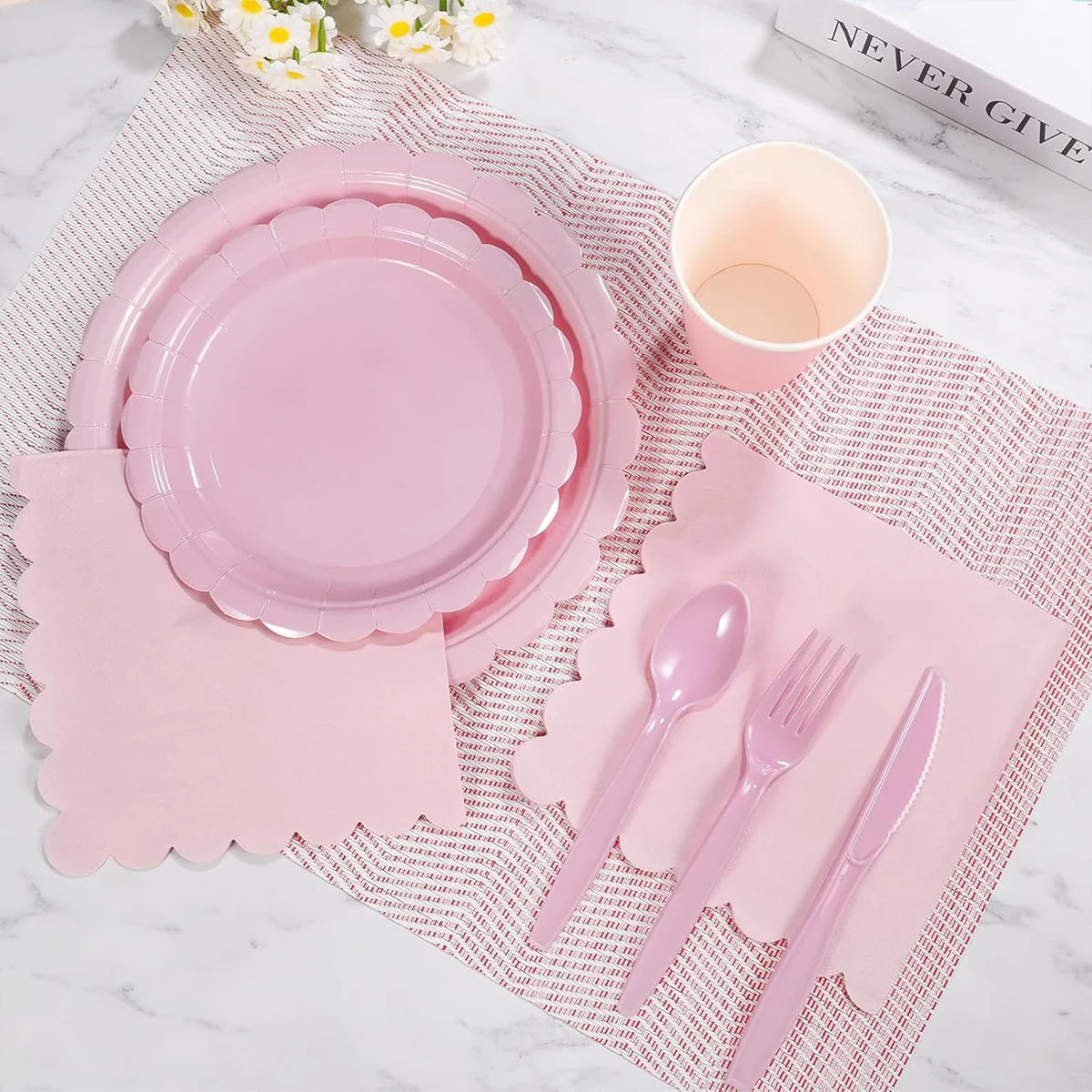 Pink Party Tableware Set Scalloped Edge Paper Plates Cups Napkins Disposable Dinnerware for Birthday Baby Shower Wedding Decor