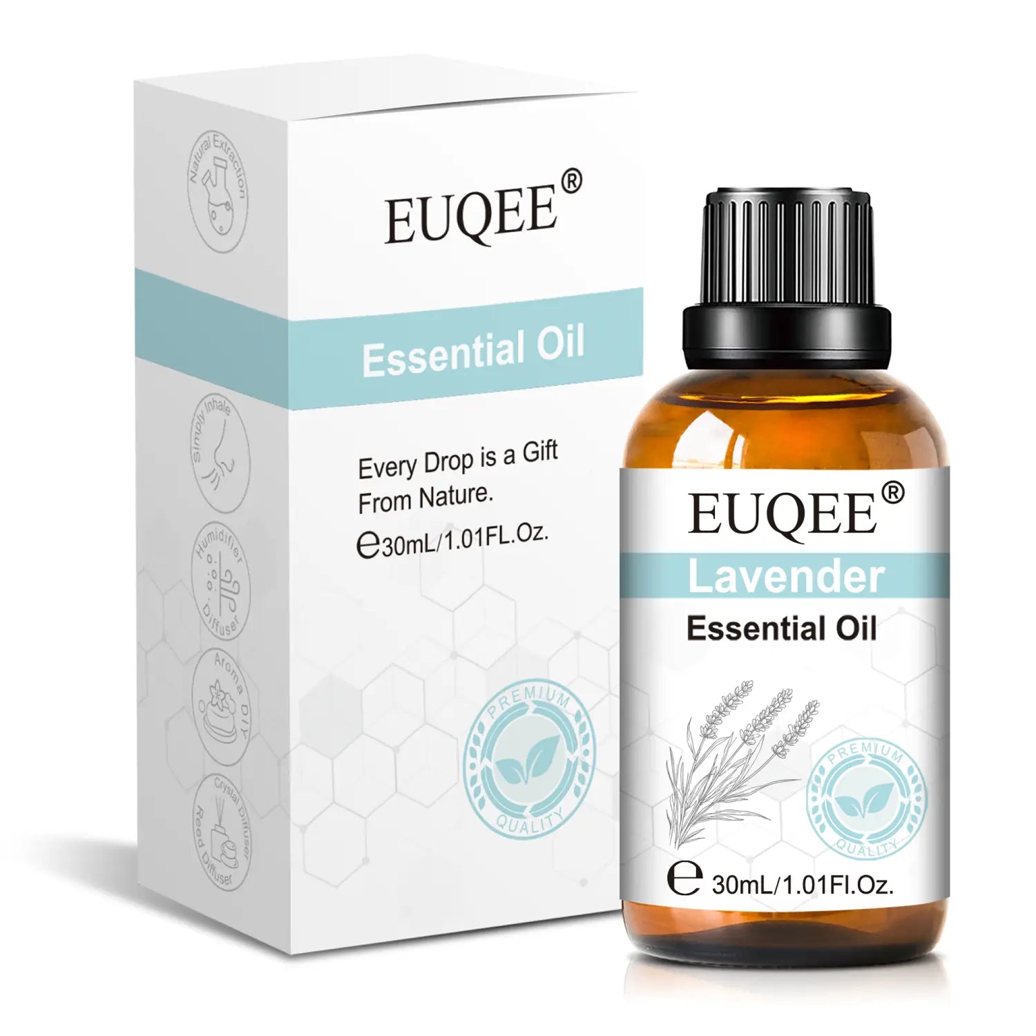 euqee lavender essential oil 30ml in an amber glass bottle with a black ribbed cap and white label featuring lavender sprigs illustration for pure aromatherapy use available in 10ml 30ml 100ml sizes.