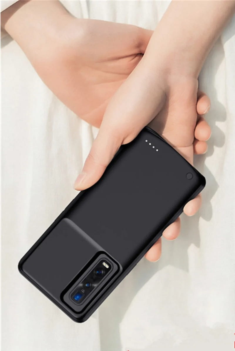 Carcasa negra para teléfono Oppo Find X2 Pro con tapa de batería y funciones de banco de energía, que muestra el lado trasero con recorte para la cámara