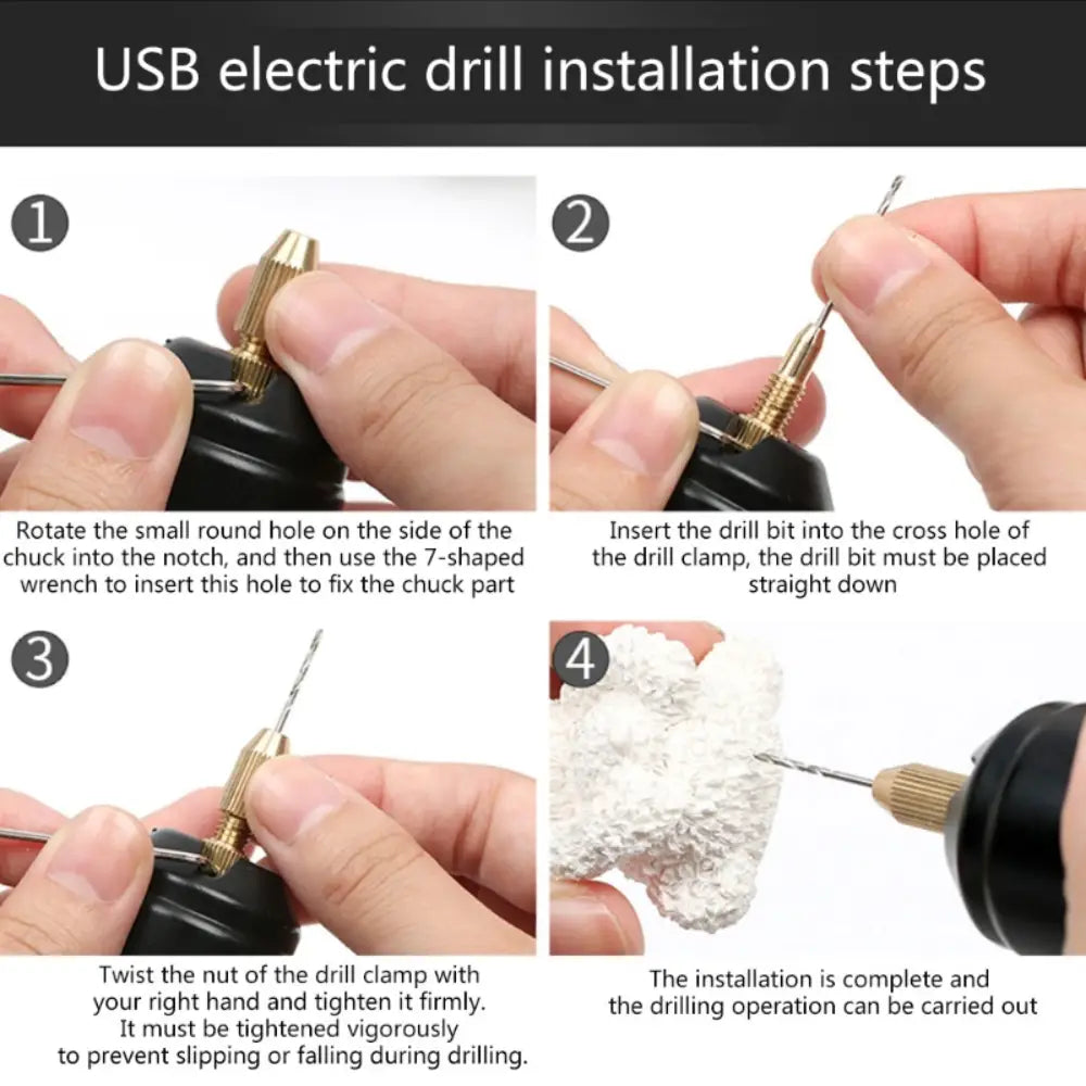 Black USB mini electric drill with a gold-colored chuck and drill bit clamp designed for resin and wood crafts.