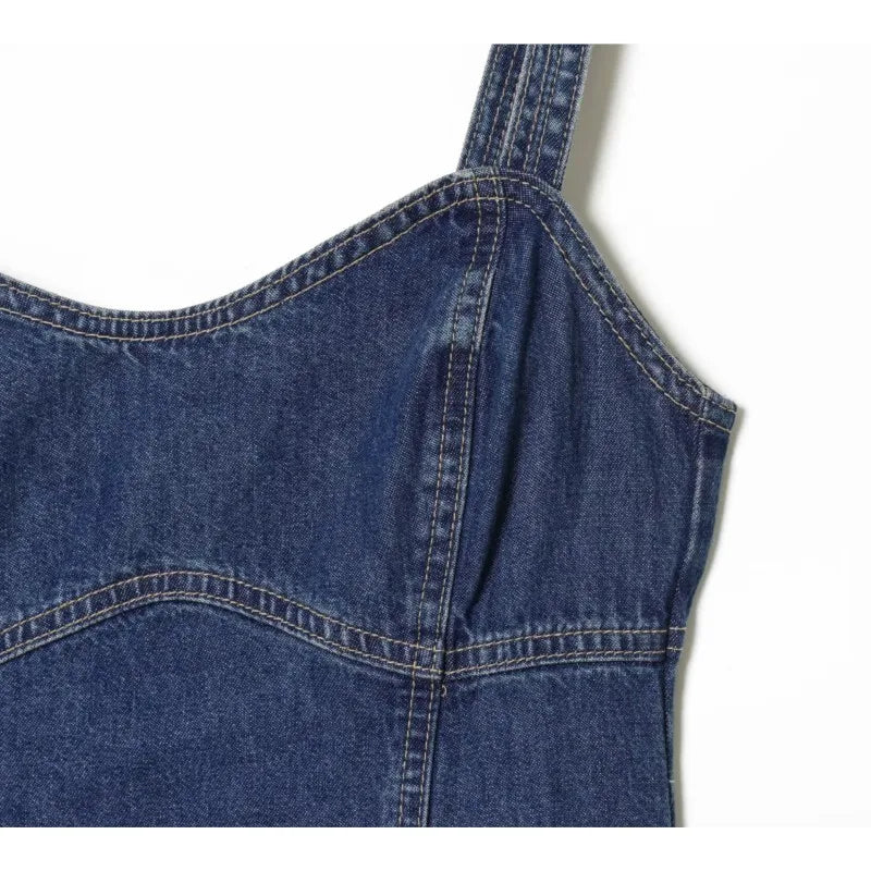Women Denim Slip Dress with Flared Hem Fashion Casual Backless Sleeveless A-line Dress Female Vacation Style Dresses