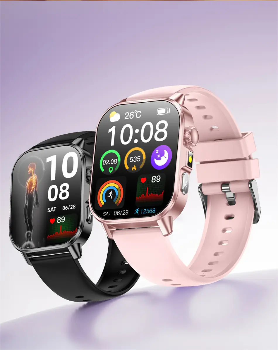 Pink rose gold ecg health monitoring smart watch with a sleek rectangular screen displaying fitness metrics and time, featuring a soft silicone strap and blood pressure tracking functionality.