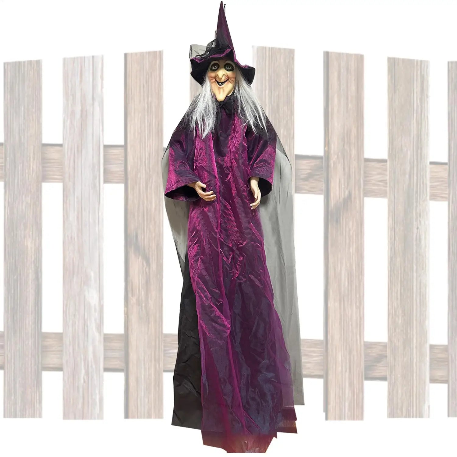 accessoire de sorcière d’Halloween portant un chapeau haut pointu orné de dentelle et une longue robe en velours violet qui s’écoule, avec une doublure noire, conçu comme décoration de fantôme suspendu à activation sonore