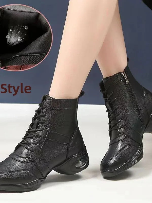 Women's Dancing Shoes Soft Bottom Leather mid Heel Black Mesh Breathable Square Dance Shoes Jazz Sailor Dance Footwear