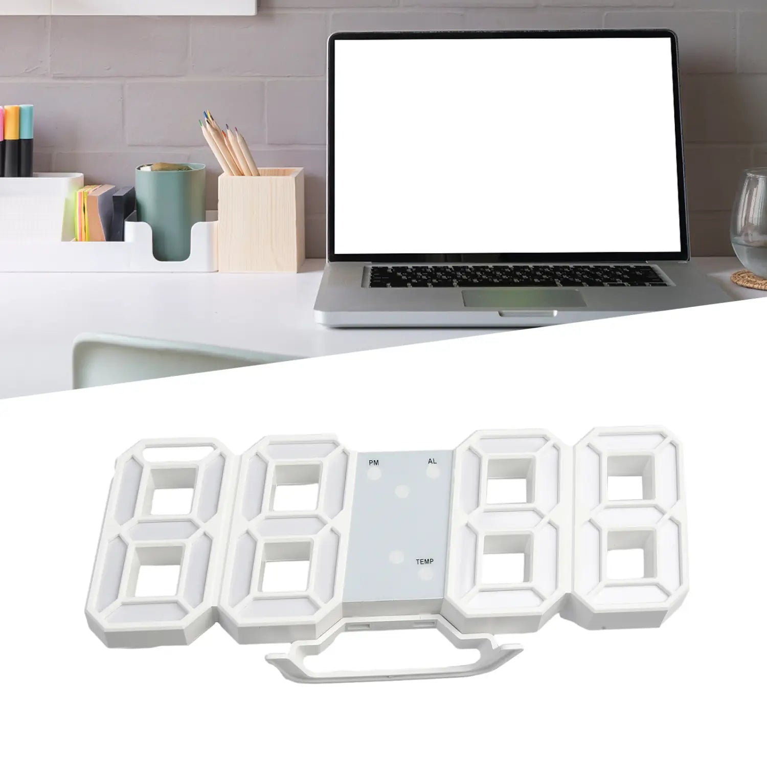 Horloge murale numérique LED 3d moderne en couleur blanche, dotée d’un design élégant avec de grands chiffres illuminés et d’un affichage de la température intégré pour un suivi précis de l’heure et de l’environnement.