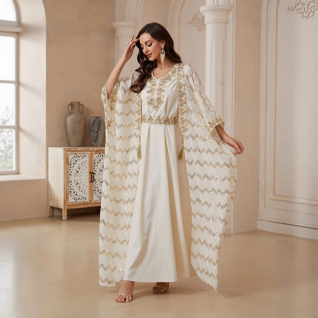 Dress Suit Women Eid Muslim Abaya Party Dresses Sequins 2 Piece Set Jalabiya Morocco Vestidos Dubai Islam Kaftan Cardigan Robe