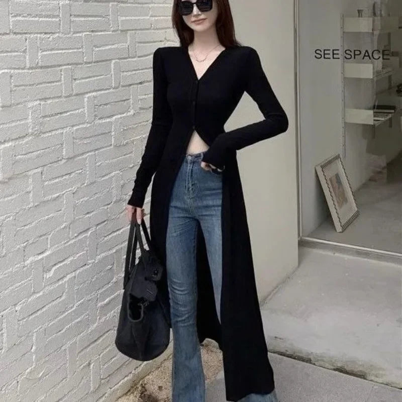 Chic V-neck Black Long Sleeve Shirts Women Slim Cardigan Autumn Mid-length Tops Y2k Windbreaker Streetwear Thin Blouses Trench