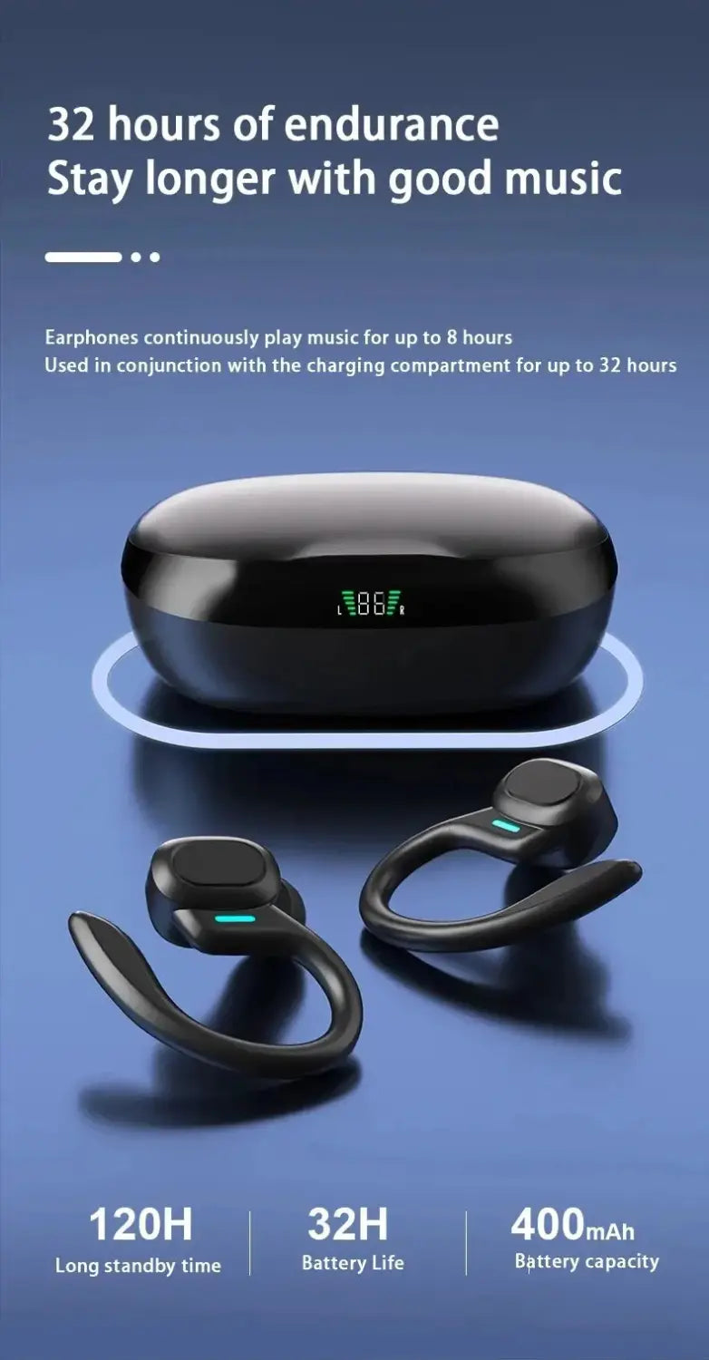 black wireless sport ear hook earbuds with waterproof bluetooth functionality and teal accent lights shown alongside their sleek charging case
