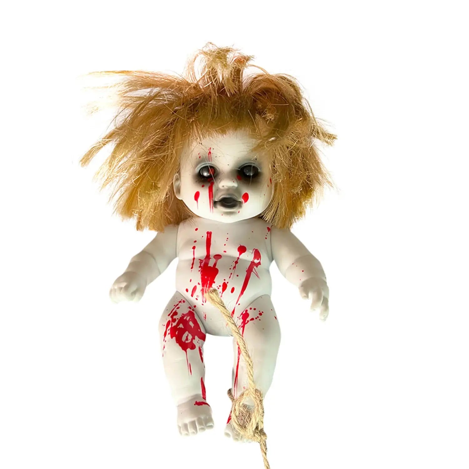 a creepy white plastic halloween hanging ghost doll with messy blonde hair and red paint splatters hanging by a rope as a spooky prop