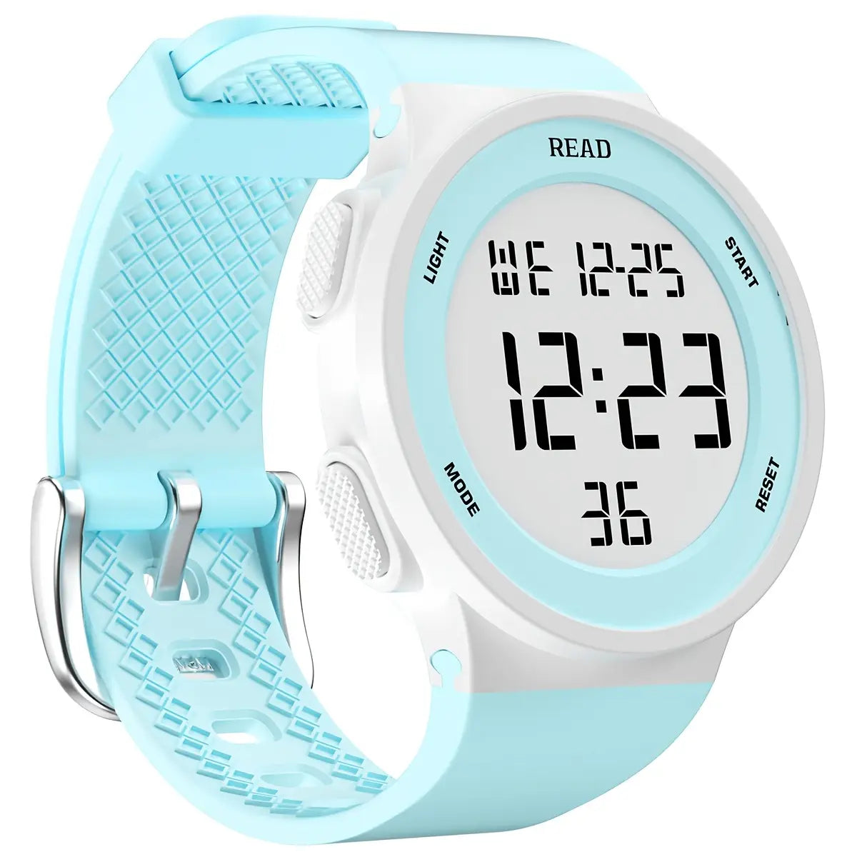Light blue silicone sport watch with a white led digital display and silver buckle designed as a womens waterproof fitness timepiece.
