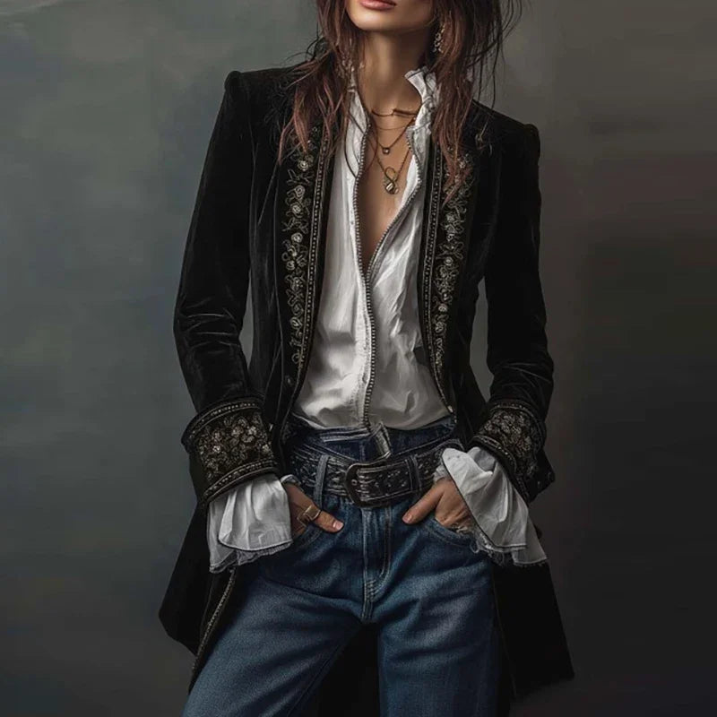 Vintage Ethnic Floral Print Velvet Women's Coat Fall Chic Stand Collar Slim Jacket Cardigan Winter Long Sleeve Female Outerwears