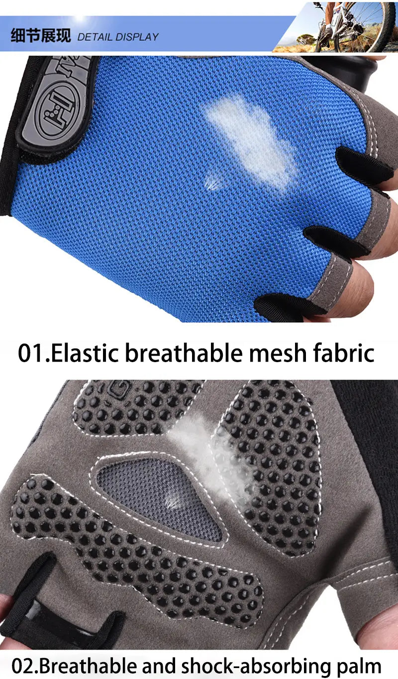 Guante de ciclismo de media yema en color azul y gris con tejido de malla transpirable y diseño de palma con absorción de impactos, mostrado por el lado trasero para su uso en entrenamientos de fitness.