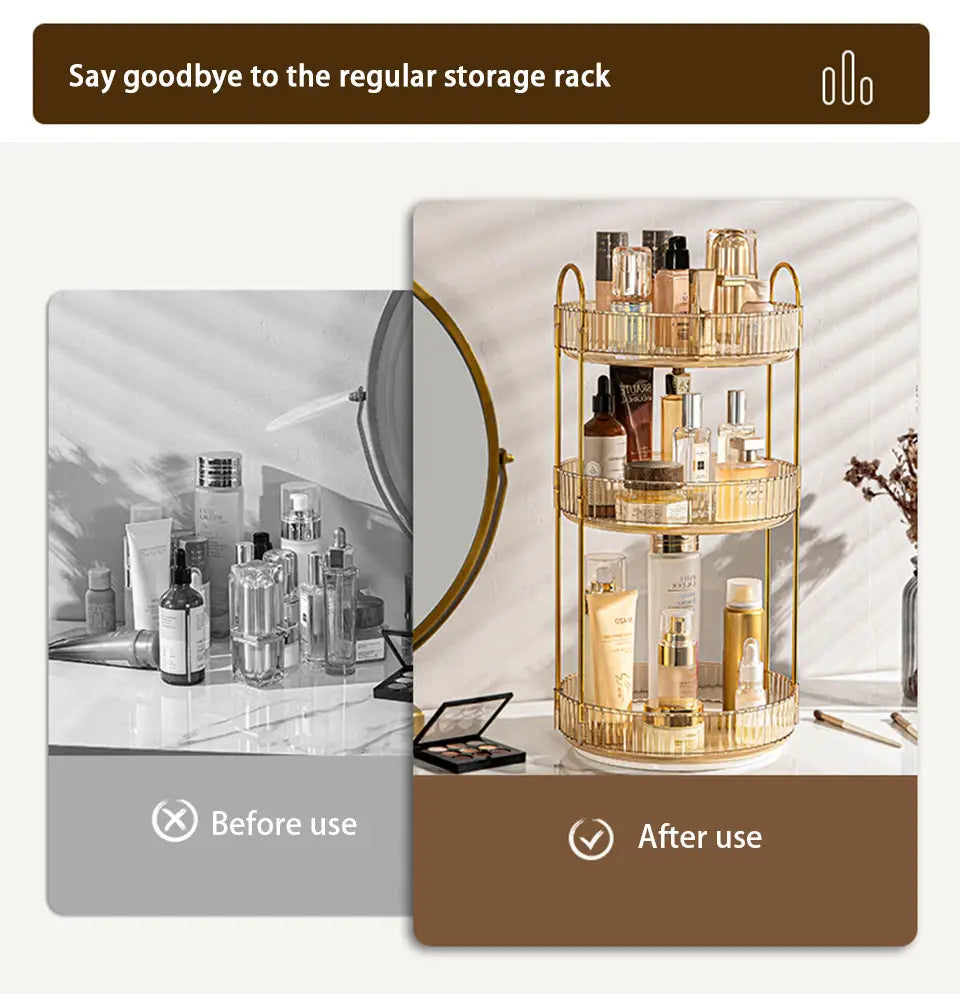 Goldfarbener Dreh-Make-up-Organizer mit drei großen Ablageebenen und schlanker Metallstangenkonstruktion, mit runden Griffen.