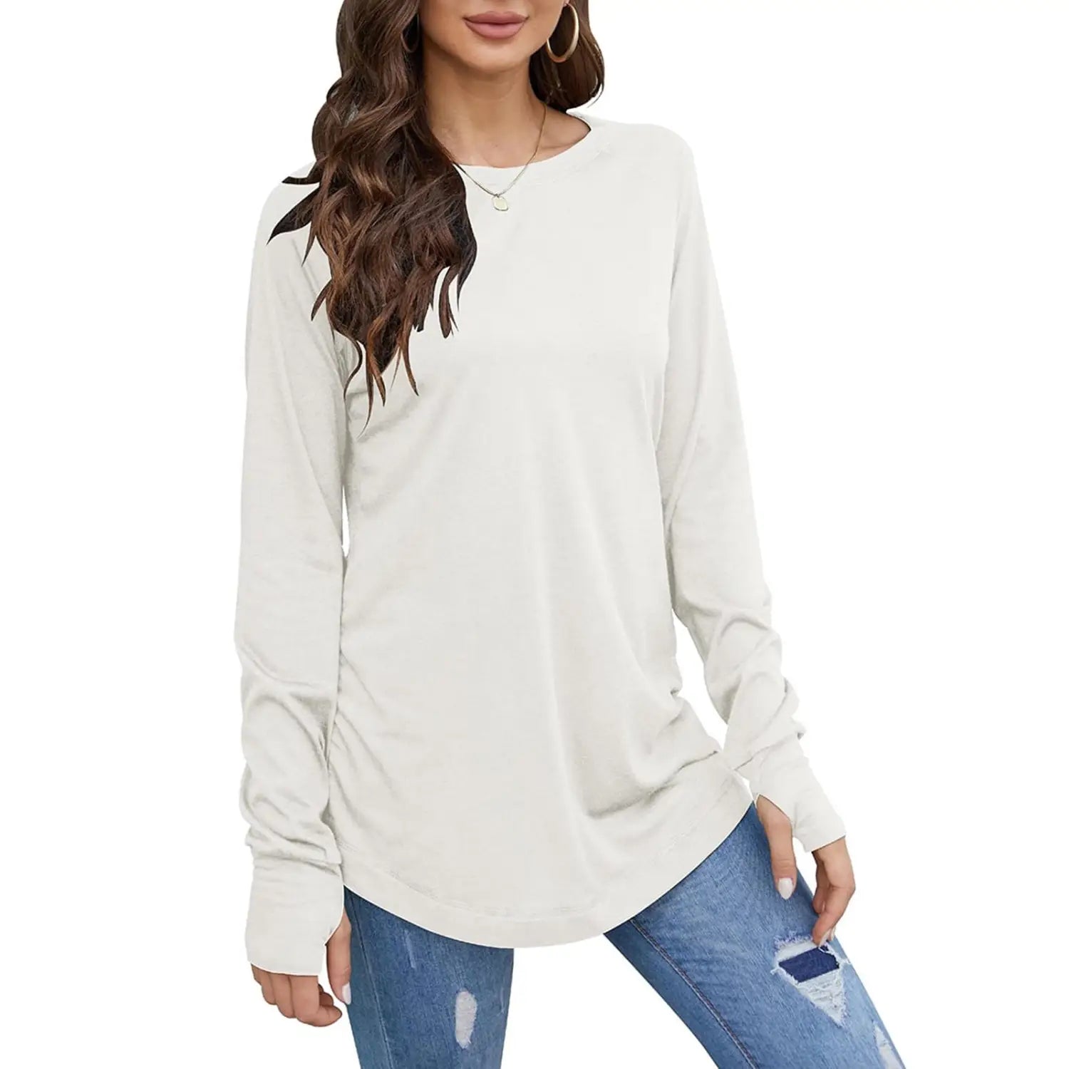 Cream-colored women long sleeve cotton tunic top with a relaxed fit, round neck, and no visible pattern type.