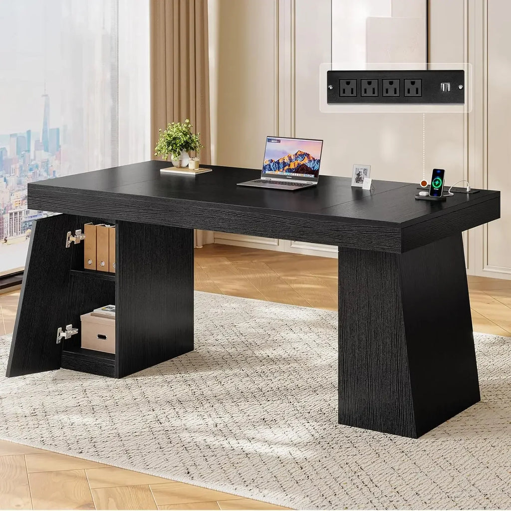 Eco-friendly 55.9 In Executive Desk With Power Outlets, Modern Home Office Desk With Storage Cabinet, Wood Computer Desk Busines