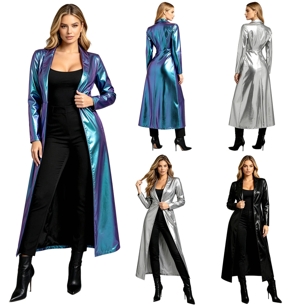 Womens Metallic Trench Coat Turn-down Collar Long–sleeve One Button Gothic Retro Jacket Outerwear Rave Party Clubwear Streetwear