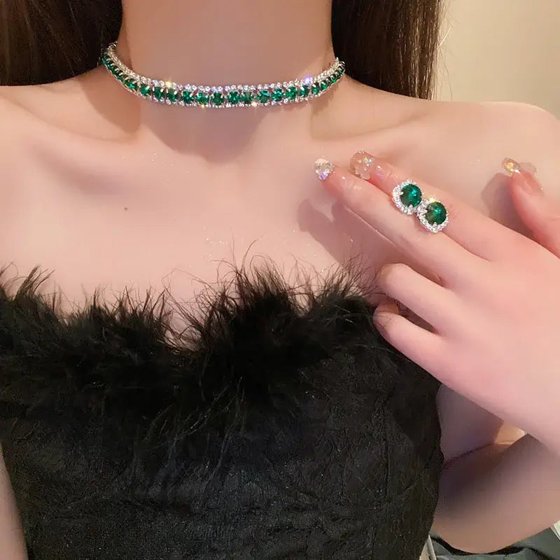 Emerald green and clear crystal choker necklace with a sleek sparkling design from the crystal necklace and earring set pink ab wedding jewelry.