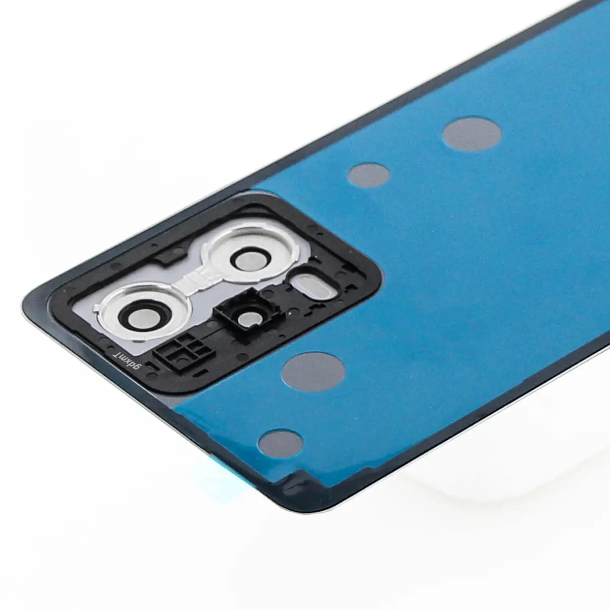 Blue back panel of xiaomi redmi note 12 pro with black camera module housing two lenses and circular cutouts for xiaomi redmi note back glass replacement.