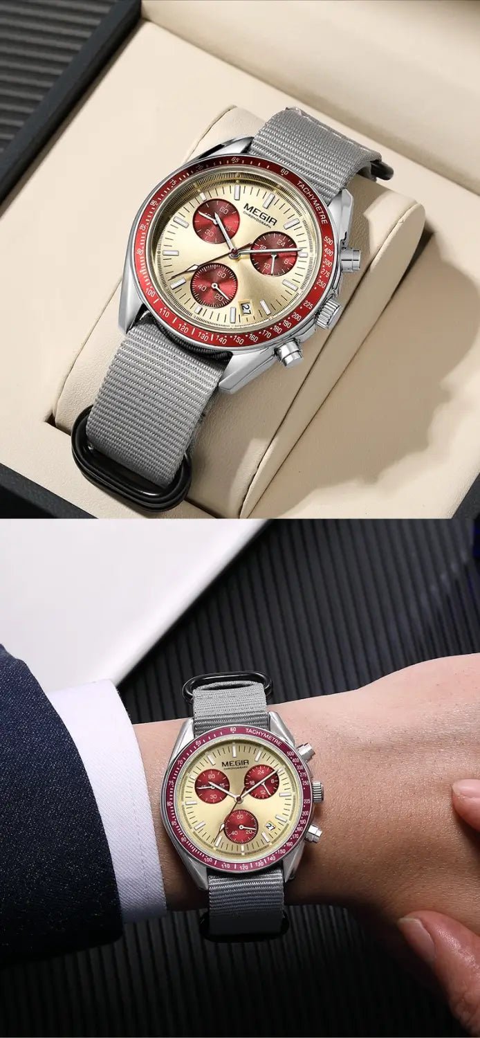 A Megir men canvas chronograph watch featuring a sleek silver case, cream-colored dial with red subdials and bezel accents, and a gray nylon strap.