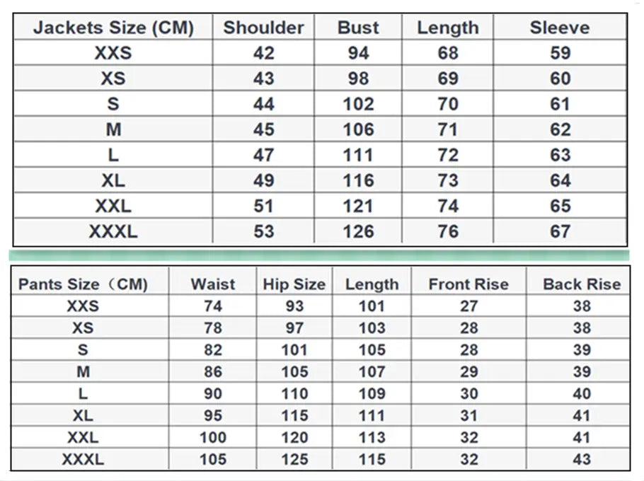 Tableau des tailles en centimètres pour l’ensemble smoking homme à coupe ajustée slim fit, vestes à fermeture simple et pantalons, répertoriant les mesures de la taille xxs à la taille xxxl.
