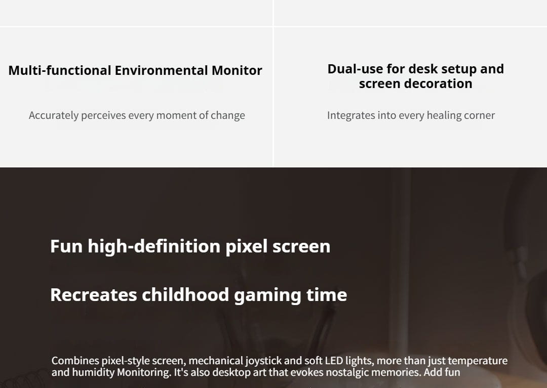 Smart temperature and humidity clock duka mooda smart featuring a multi-functional environmental monitor with a fun high-definition pixel screen and mechanical joystick.
