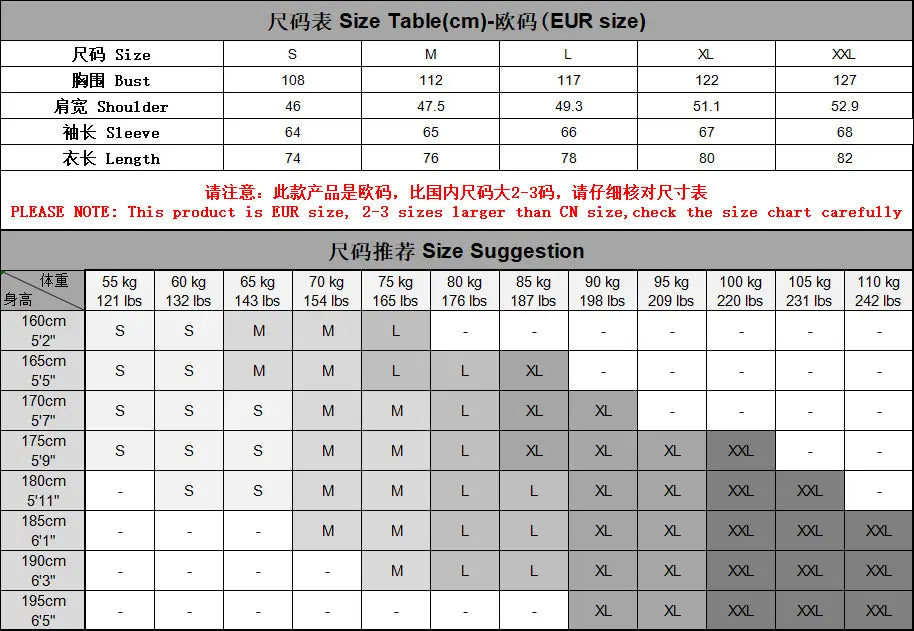 Size chart for european-sized dress shirts with contrast collar long sleeve in men displaying bust, shoulder, sleeve, and length measurements across sizes s to xxl for fashion social shirts.