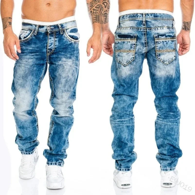 2025 New Summer Men's Denim Pants Old Blue Washed Male Jeans Straight Casual Menwear Loose Wide Leg Trousers New Fashion