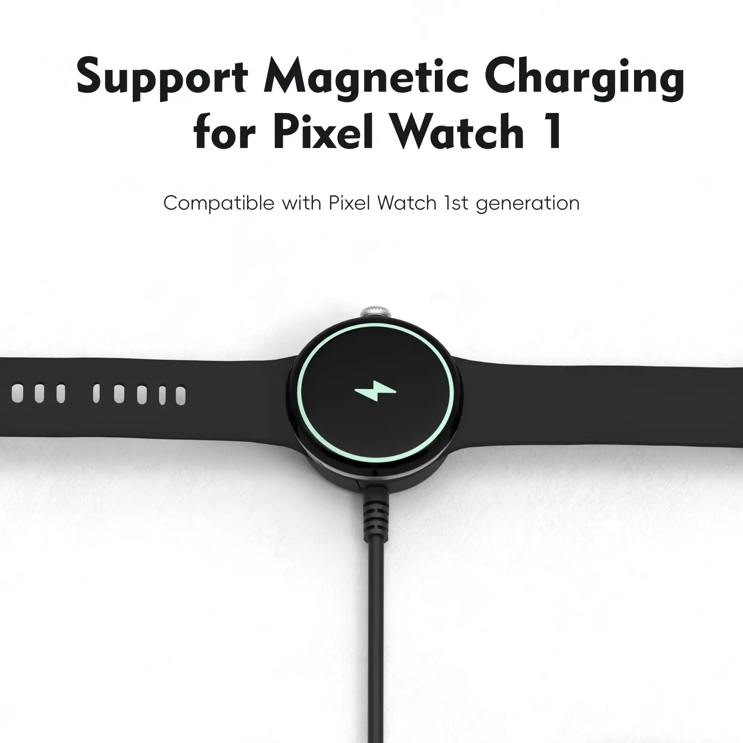 Black magnetic wireless charging pad for pixel watch 1 with a sleek circular design and a glowing green lightning bolt indicator compatible with Galaxy Watch magnetic wireless charger USB A and C ports.