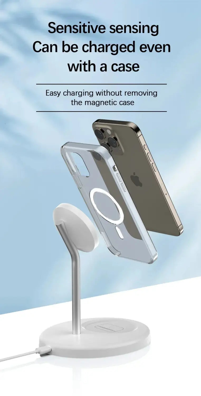 silver magnetic wireless charger stand with sleek minimalist design and smooth rounded edges for iphone and airpods wireless charging