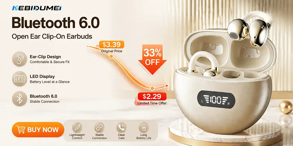Cream-colored sleek modern bluetooth 6.0 open ear clip-on earbuds with a matching charging case featuring an led battery display designed for wireless sports use.