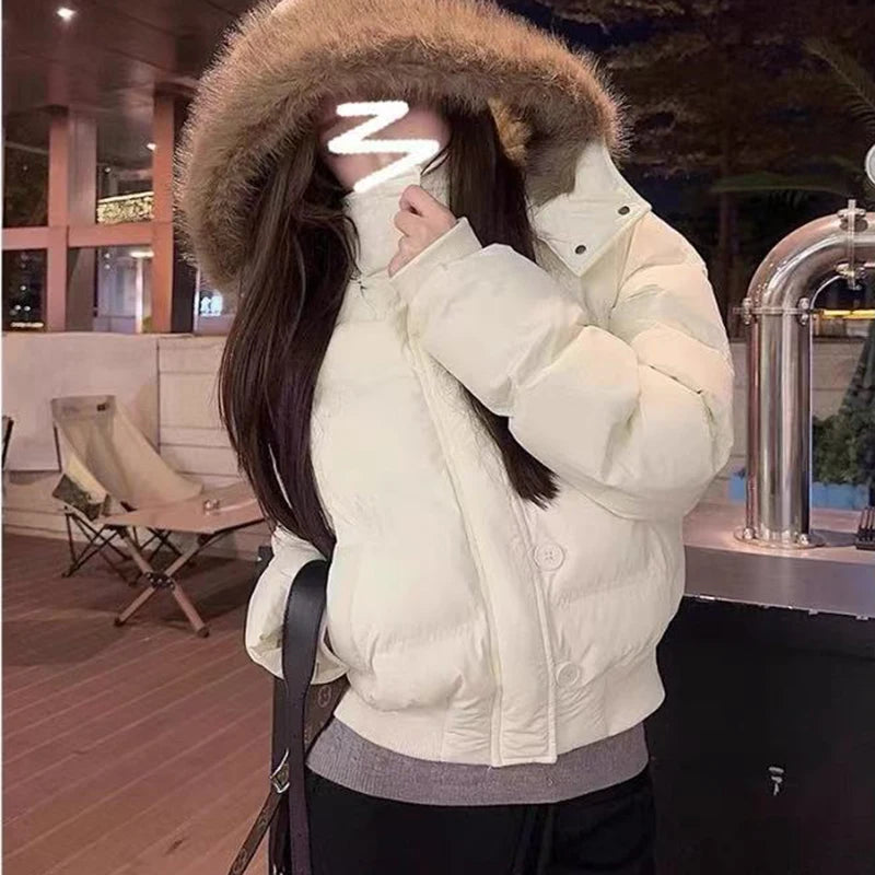 Women's Winter Warm Jacket Korean Thickened Big Fur Collar Hooded Outerwear Fashion Casual Detachable Short Cotton-Padded Coat