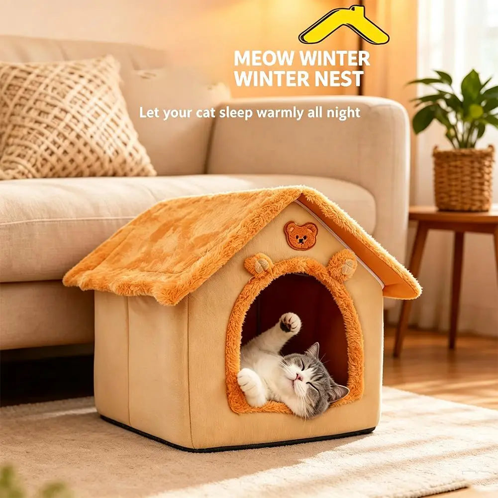 A cozy beige and warm orange plush pet bed 33x32x30cm featuring a soft fuzzy roof and bear ear accents designed as a cat cave.