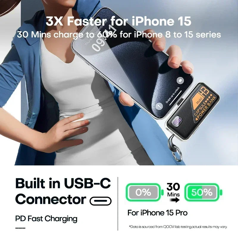 Mini Portable Power Bank 5000mAh PD20W Fast Charger Built-in Cable Digital Display External Battery For IOS Android Smartphones