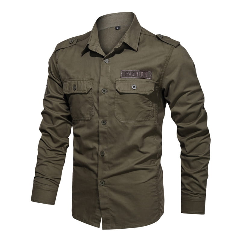 Men cotton casual long sleeve military cargo shirt in olive green featuring two chest pockets and a fashion patch on the left breast.