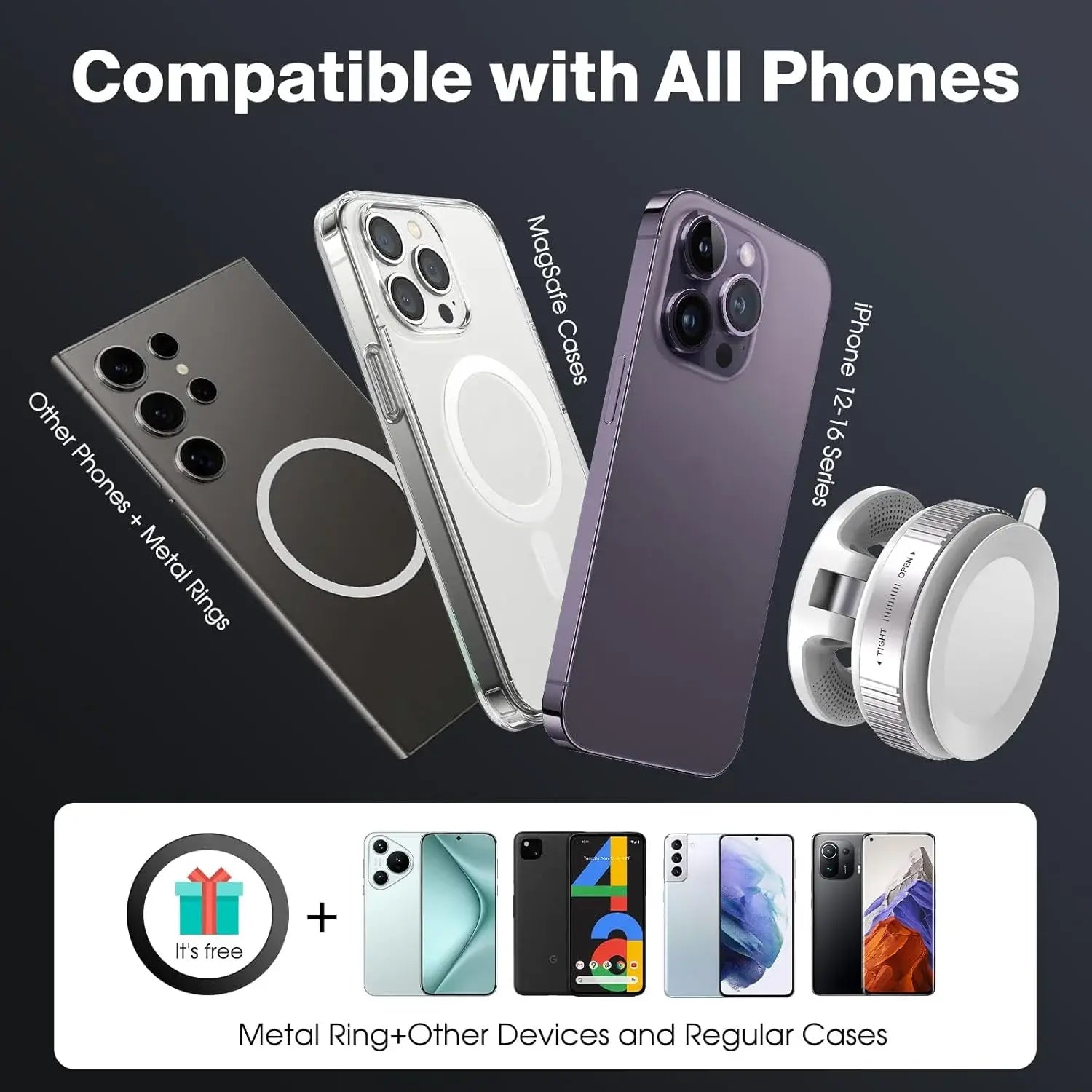 Étui de téléphone magnétique transparent avec un tampon de charge circulaire blanc au dos, compatible avec tous les téléphones, y compris les séries iPhone 12 et 16, présenté avec un support de téléphone de voiture magnétique pour surfaces lisses.