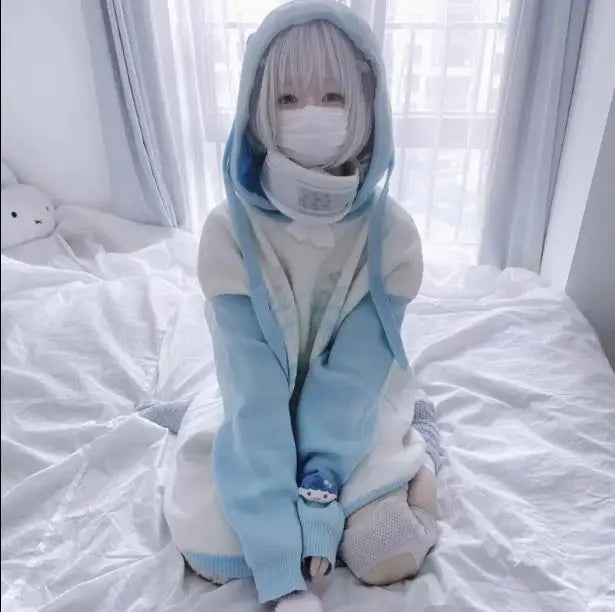 Girls Sweatshirts Subculture Japanese Blue White Autumn Hoodies with Hooded Y2k Winter Women Kawaii Loose Trend Hoodies