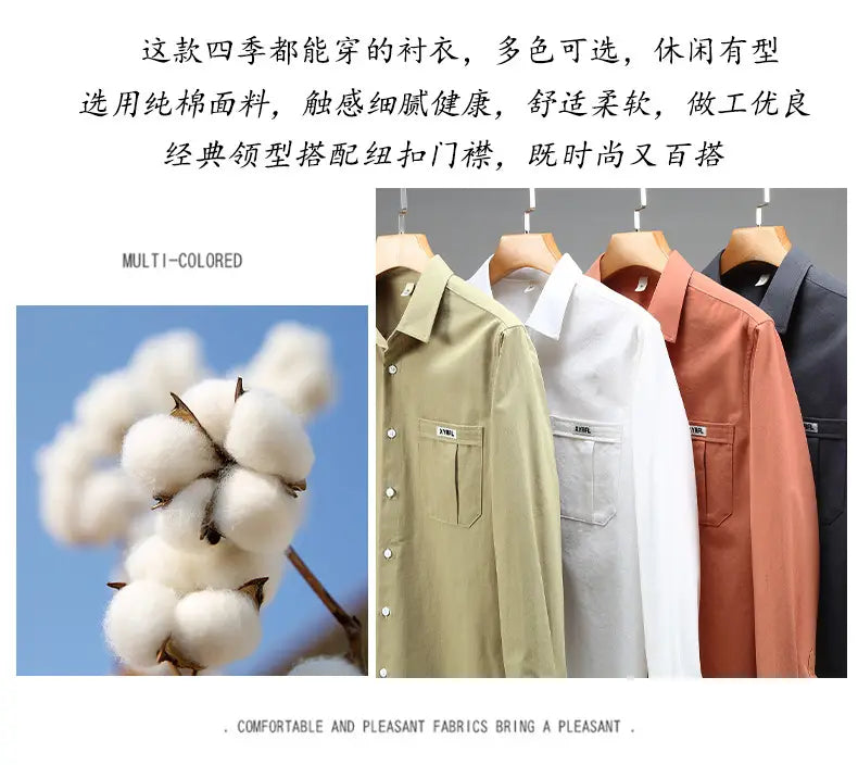 Multi-colored classic collar button-up men cotton long sleeve cargo shirts made from pure cotton fabric designed for minimalist casual wear.