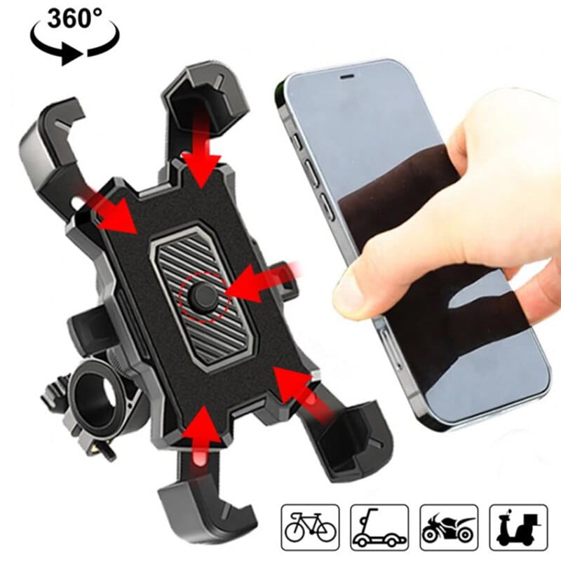 Black plastic bike phone holder 360 rotation handlebar mount with adjustable clamps for secure holding shown from the back side.
