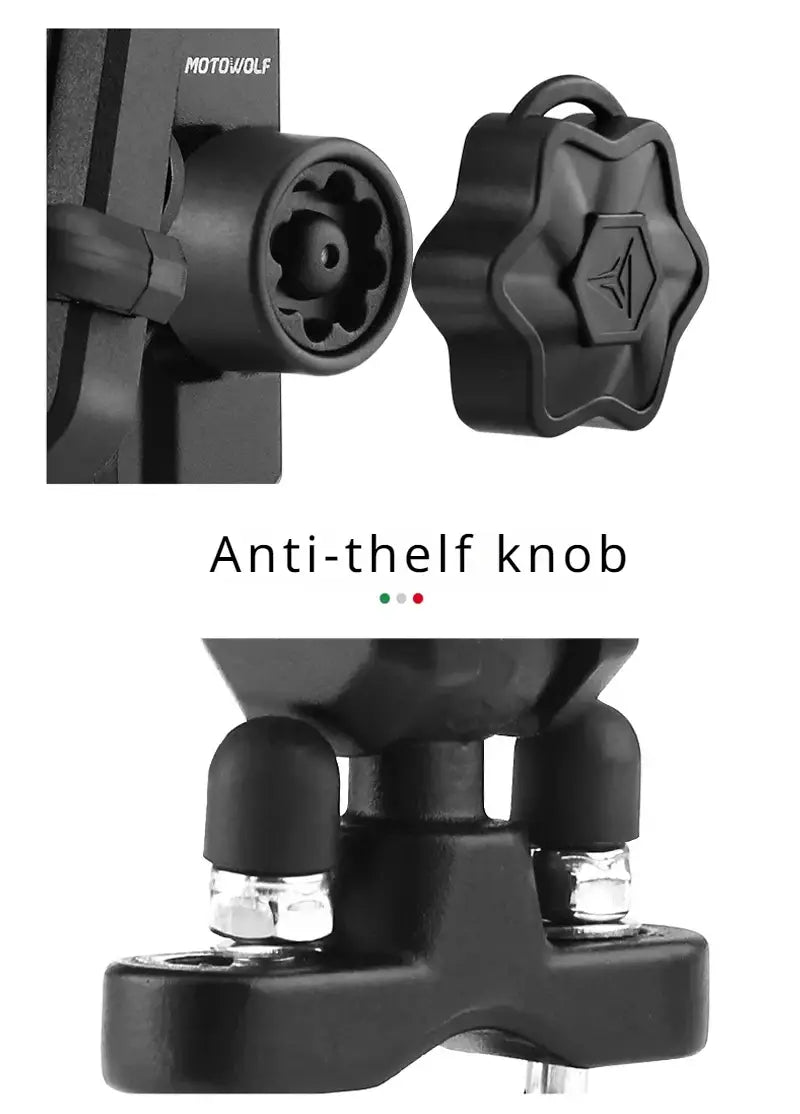 Black plastic anti-theft knob with star-shaped design and embossed logo on the back side of a motorcycle wireless charging phone mount featuring a secure locking mechanism.