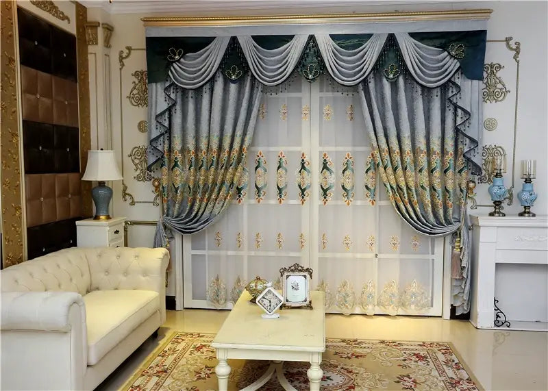 Elegant dark gray and gold embroidered living room curtains with ruffled tiers and lace trim designed for french window use