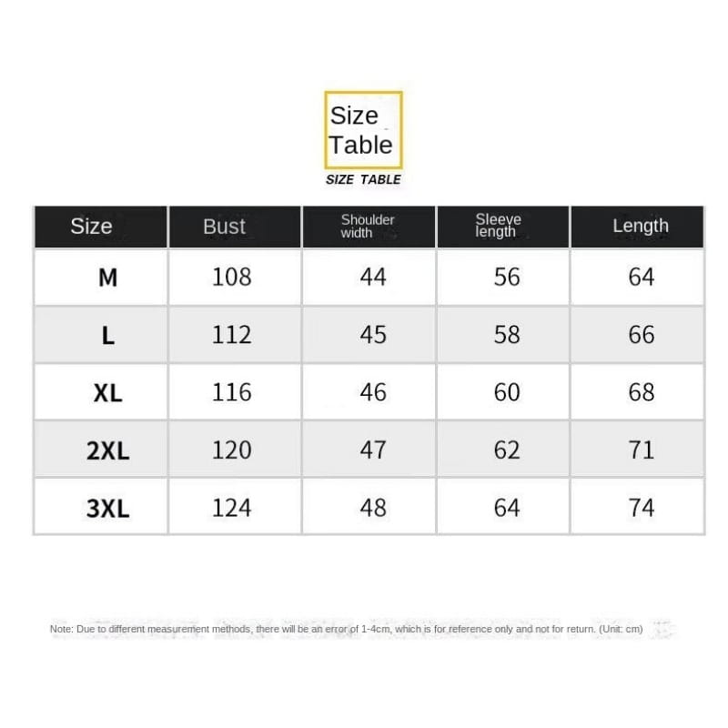 Size chart for oversized checkerboard denim jacket men streetwear displaying womens garment measurements in centimeters for sizes m through 3xl.