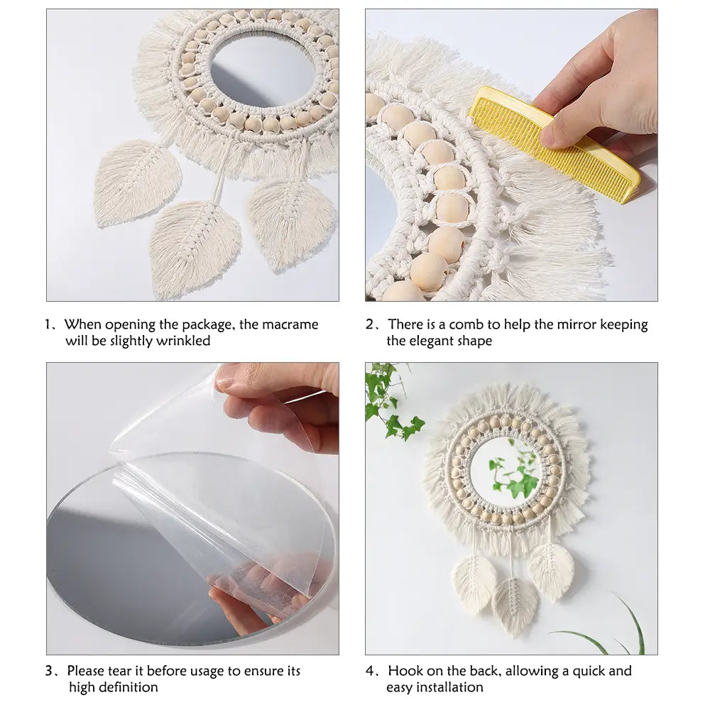 A cream-colored round macrame wall mirror with a circular frame, decorative beads, and hanging leaf-shaped tassels is a boho decorative mirror perfect for stylish interior decor.