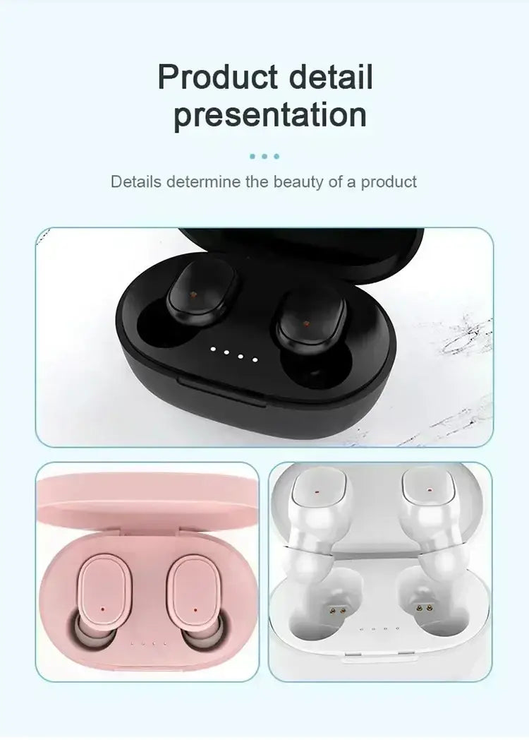 black wireless earbuds with bluetooth 5.3 tws technology in a sleek oval-shaped 280mah charging box featuring a polymer lithium battery and five indicator lights on the lid
