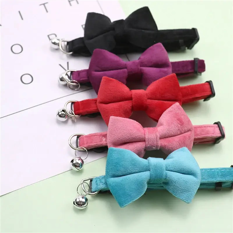 Ein Set aus fünf farbenfrohen Samt-Schleifen-Katzenhalsbändern mit silbernen Glöckchen in Schwarz, Lila, Rot, Pink und Blau für Haustiere.