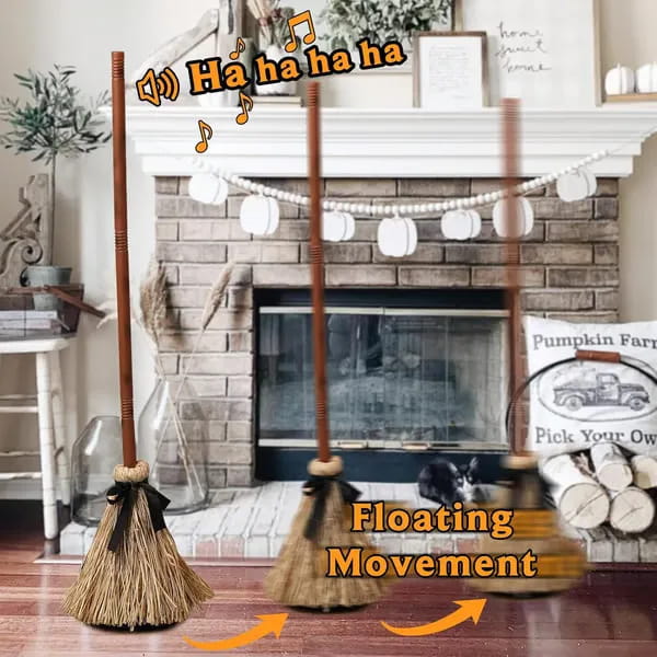 three wooden-handled brooms with straw bristles and black ribbon ties designed as animated floating witch broom halloween props appear to float in mid-air