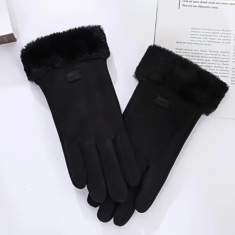 Black women winter touchscreen gloves with plush fur trim fleece lined windproof shown from the back with a small brand patch on the wrist.