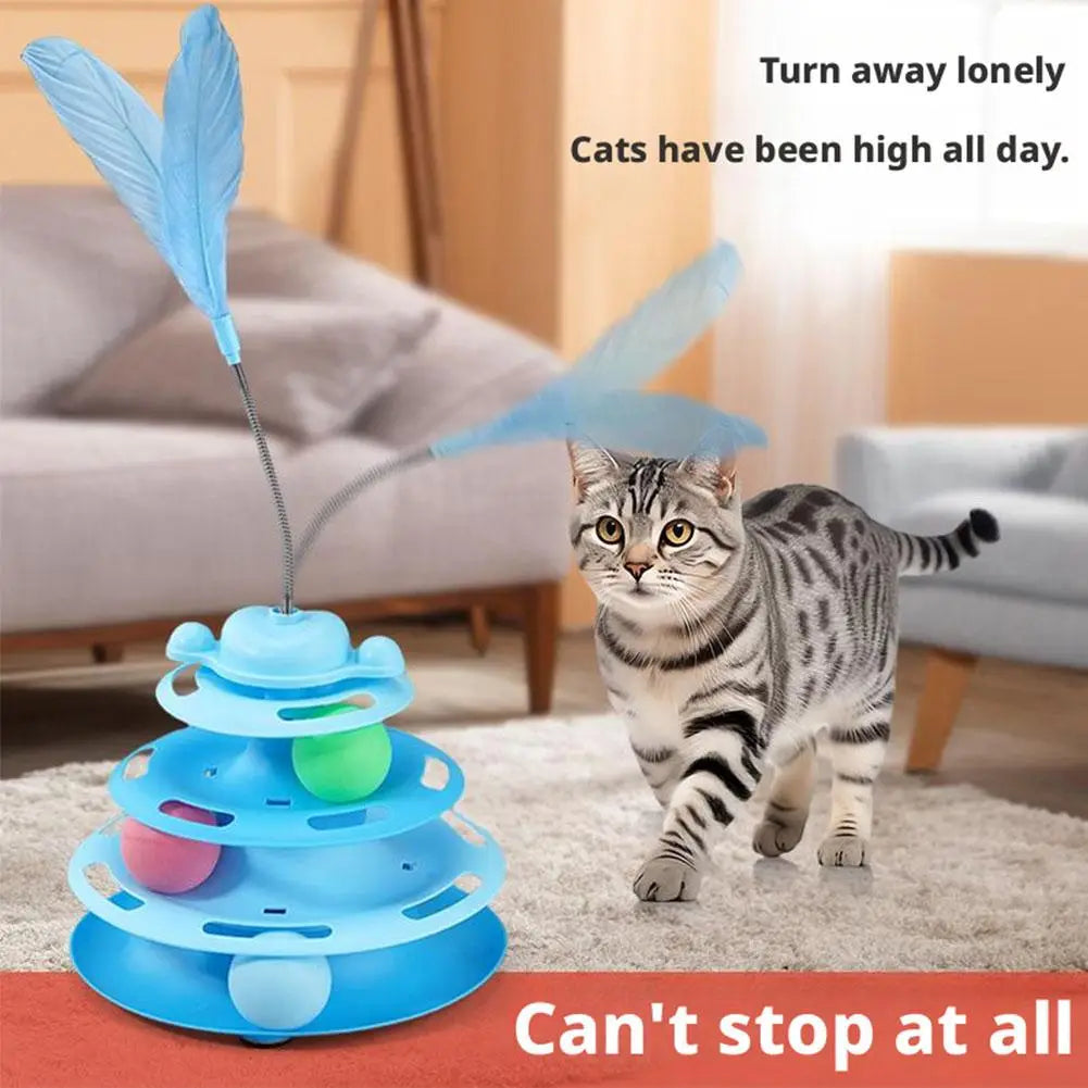 Blue plastic 4-level interactive cat toy tower featuring feathered wand and colorful roller balls on rotating tiers for pet entertainment.