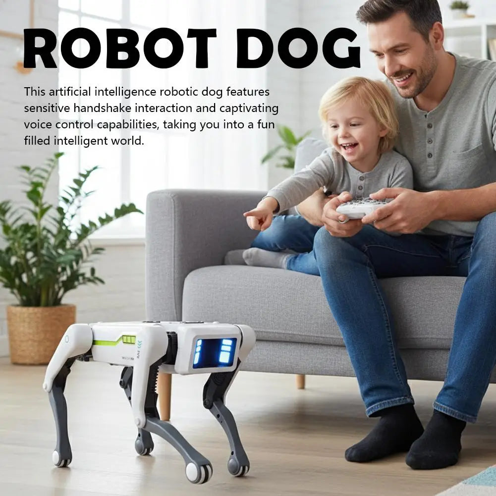 青色のLED表示を胸部に搭載し、対話型の音声操作ロボット犬用スマート玩具として設計された、白色と灰色のロボット犬の模擬ロボット犬