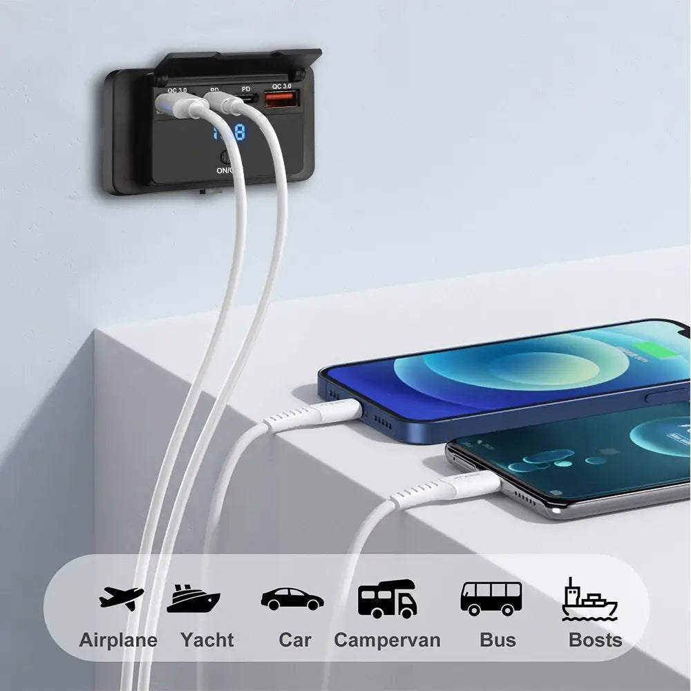 Schwarze, wandmontierte USB-Ladestation mit mehreren Anschlüssen und weißen Kabeln, angeschlossen an Smartphones, für die Verwendung des 12-V-24-V-USB-C-Kfz-Ladeanschlusses PD QC3.0.